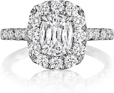 This image shows the setting with a .75ct cushion cut center diamond. The setting can be ordered to accommodate any shape/size diamond listed in the setting details section below.