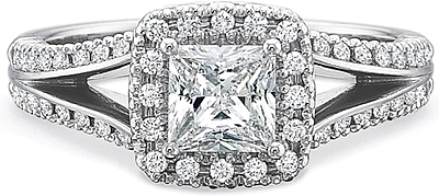 This image shows the setting with a .50ct princess cut center diamond. The setting can be ordered to accommodate any shape/size diamond listed in the setting details section below.
