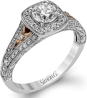 This image shows the setting with a .50ct cushion cut diamond. The setting can be ordered to accommodate any shape/size diamond listed in the setting details section below.