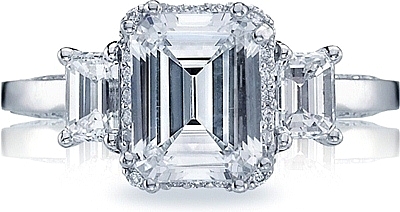 This image shows the setting with a 2.00ct emerald cut center diamond. The setting can be ordered to accommodate any shape/size diamond listed in the setting details section below.