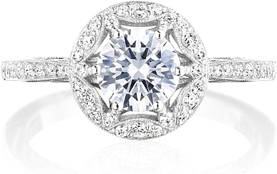 This image shows the setting with a .75ct round brilliant cut center diamond. The setting can be ordered to accommodate any shape/size diamond listed in the setting details section below.