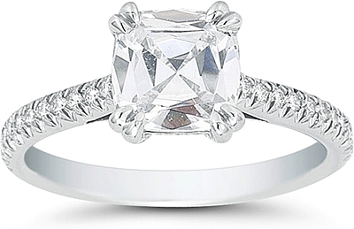 This image shows the setting with a 1.25ct cushion cut center diamond. The setting can be ordered to accommodate any shape/size diamond listed in the setting details section below.
