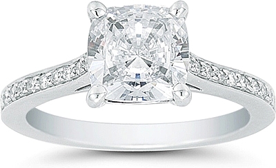 This image shows the setting with a 1.25ct cushion cut center diamond. The setting can be ordered to accommodate any shape/size diamond listed in the setting details section below.